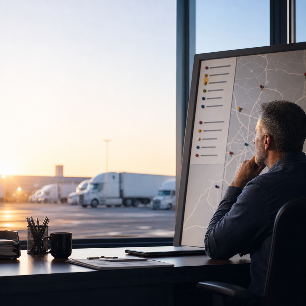 Dispatch manager preparing a route plan beside a trucking yard