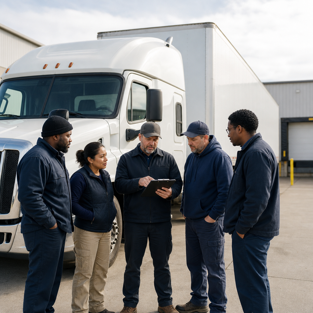 Small trucking fleet reviewing vehicle safety procedures in a truck yard