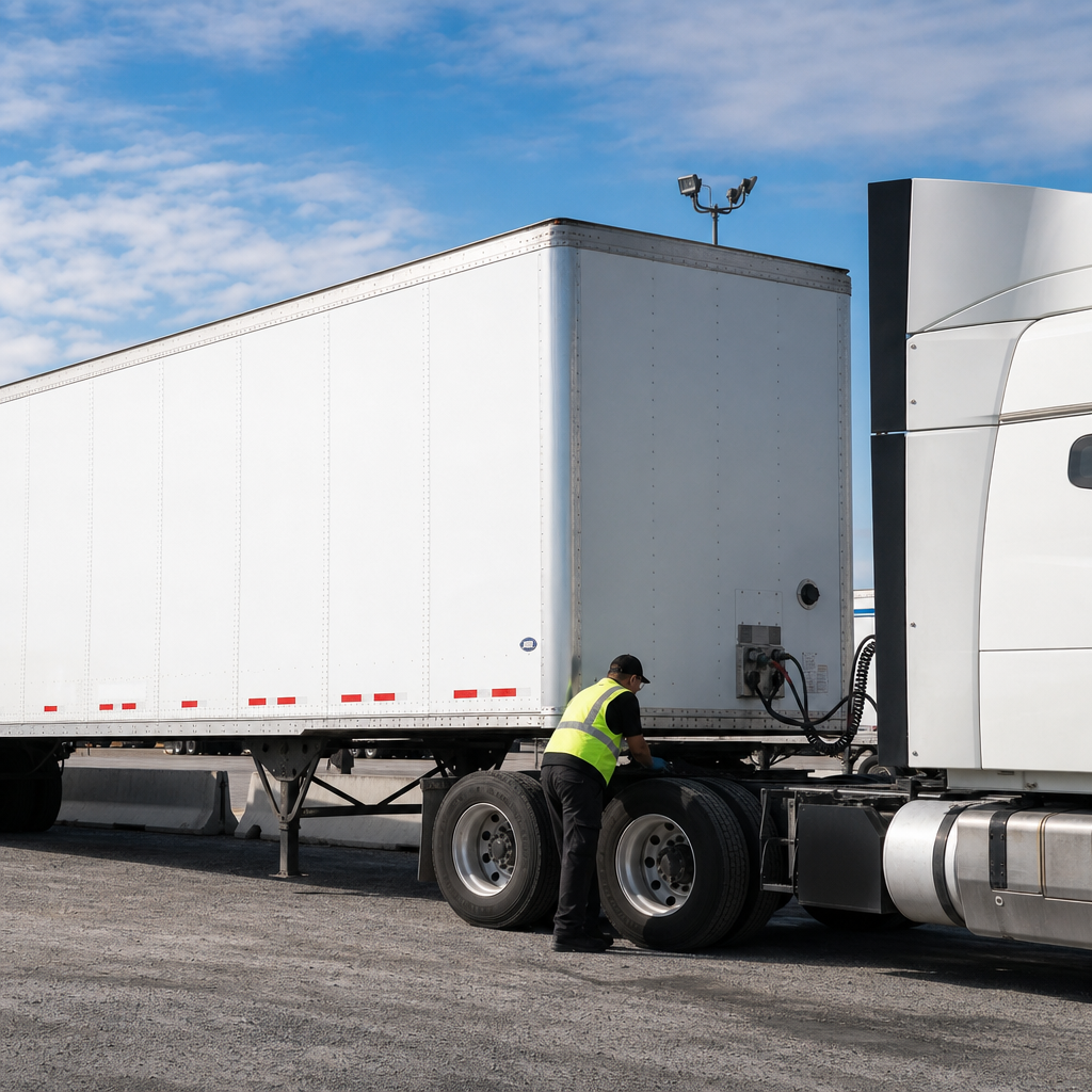 Driver inspecting a trailer connection during a power-only handoff