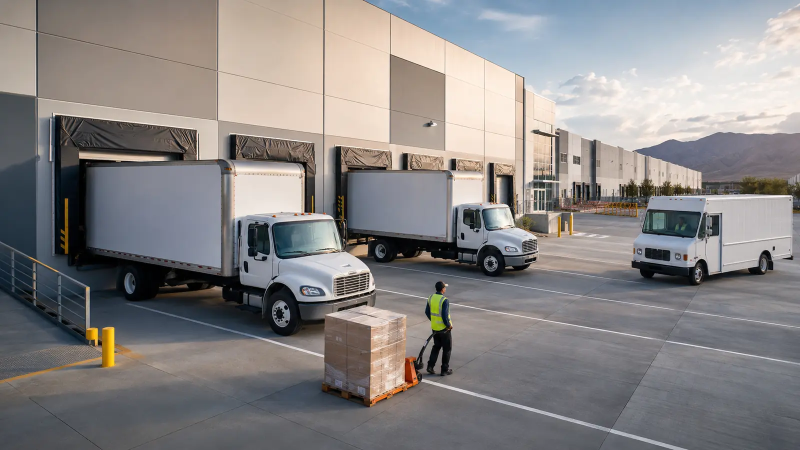 Independent parcel delivery and line-haul vehicles at a Arizona distribution center