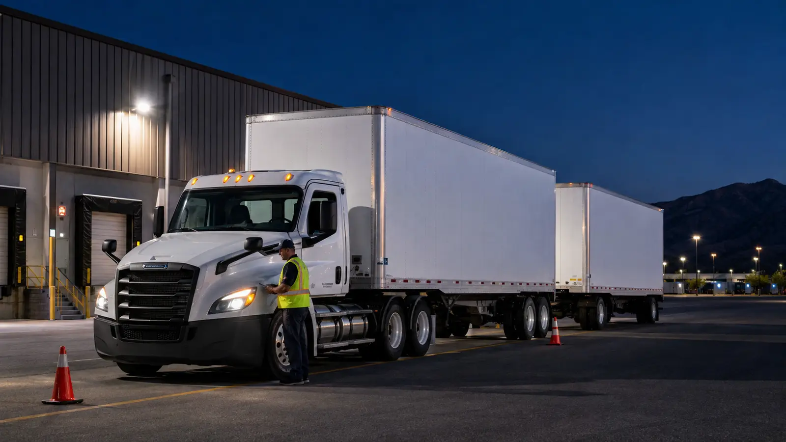 Independent line-haul contractor completing a nighttime pre-trip inspection