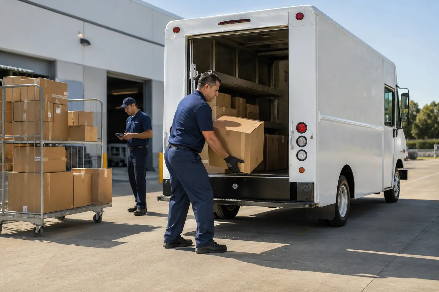 Independent pickup and delivery contractor loading an unbranded step van in East Valley