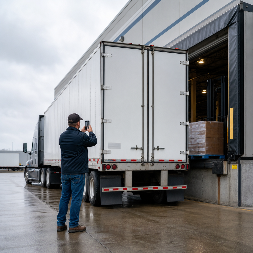 Unbranded line-haul tractor trailer receiving freight at a distribution dock
