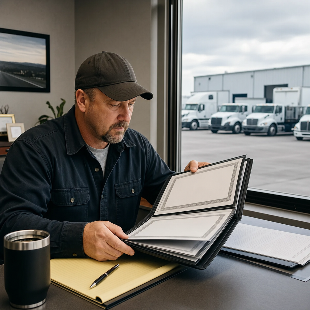 Commercial trucking business owner reviewing unbranded insurance certificates and vehicle schedules