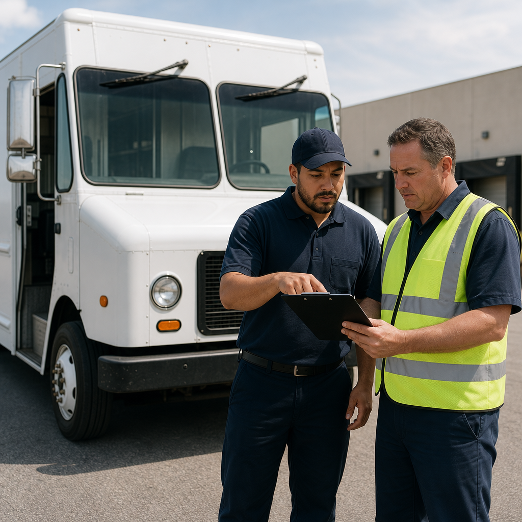 Unbranded parcel delivery driver and fleet manager completing a vehicle-readiness inspection
