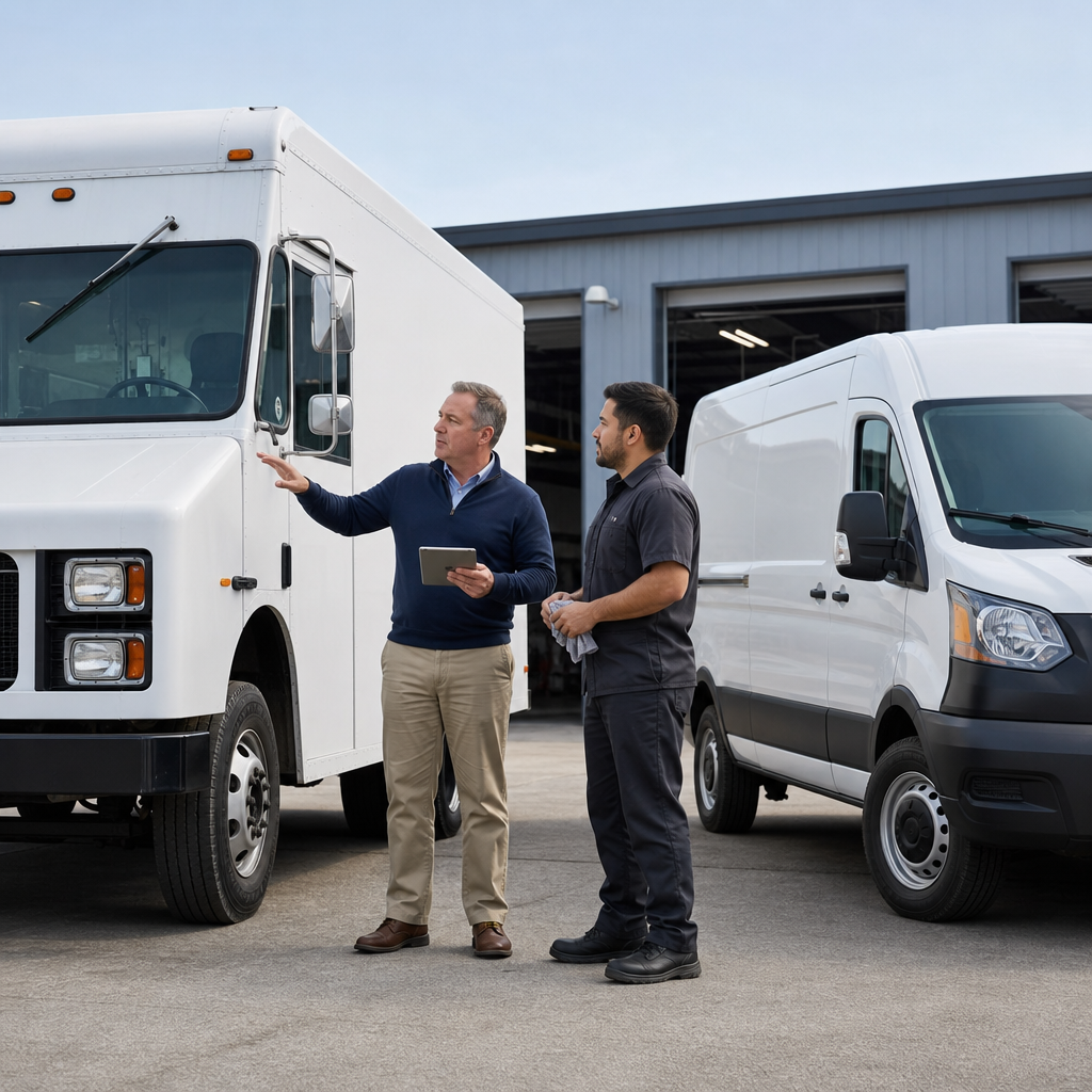 Unbranded delivery fleet owner and technician inspecting commercial vehicles in a maintenance yard