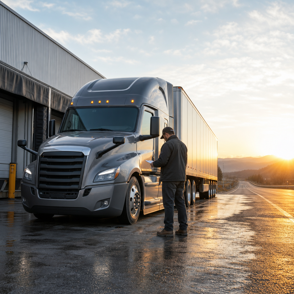 Unbranded tractor trailer driver completing a pre-trip inspection near a distribution terminal