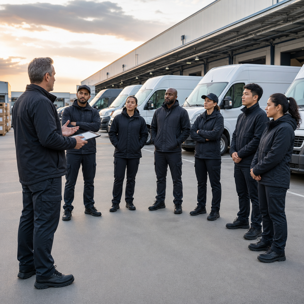 Delivery fleet manager leading a morning safety briefing with unbranded commercial drivers