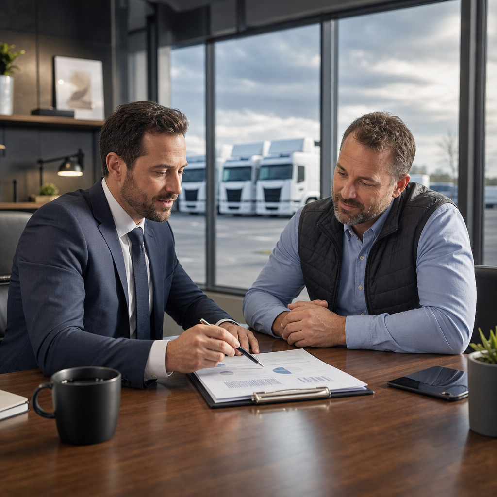 Transportation business owner and insurance advisor reviewing a renewal plan near an unbranded truck fleet