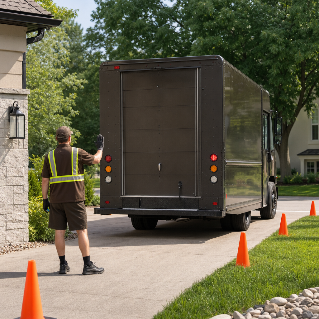 Unbranded parcel delivery van reversing carefully with a spotter in a residential driveway