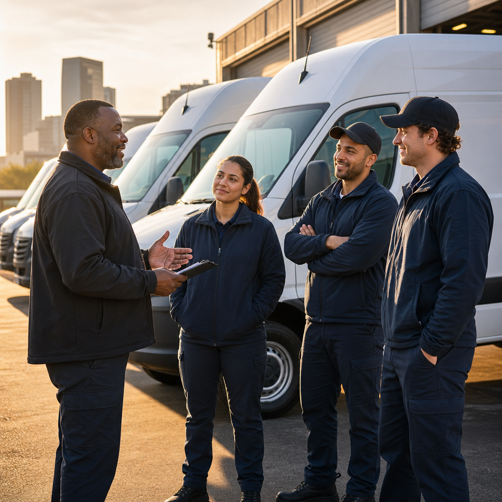 Delivery fleet supervisor leading a safety meeting with unbranded commercial drivers