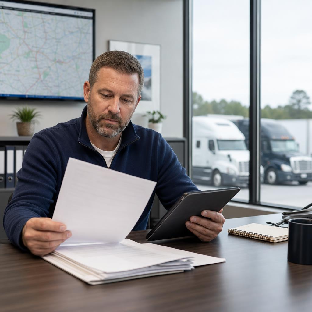 Trucking operations manager reviewing contract and certificate paperwork