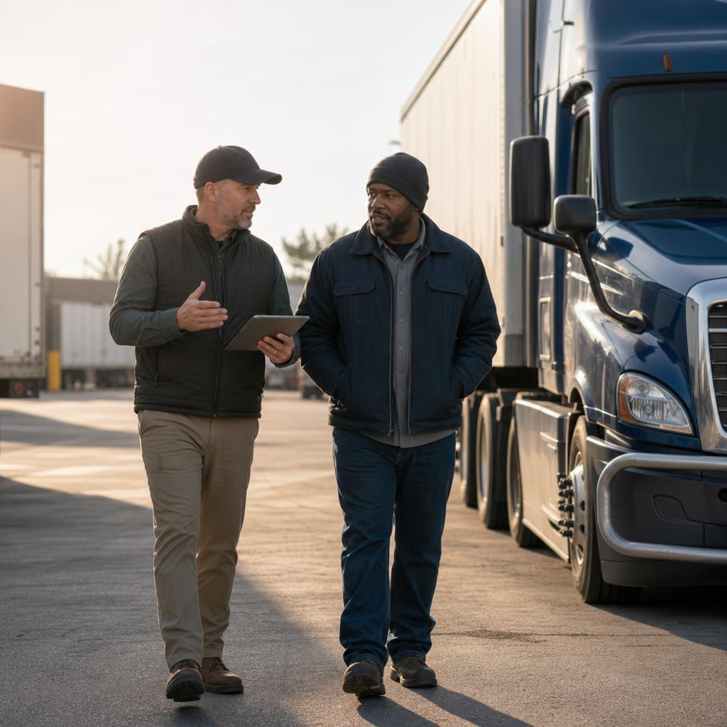 Fleet safety manager and driver walking through a commercial trucking yard