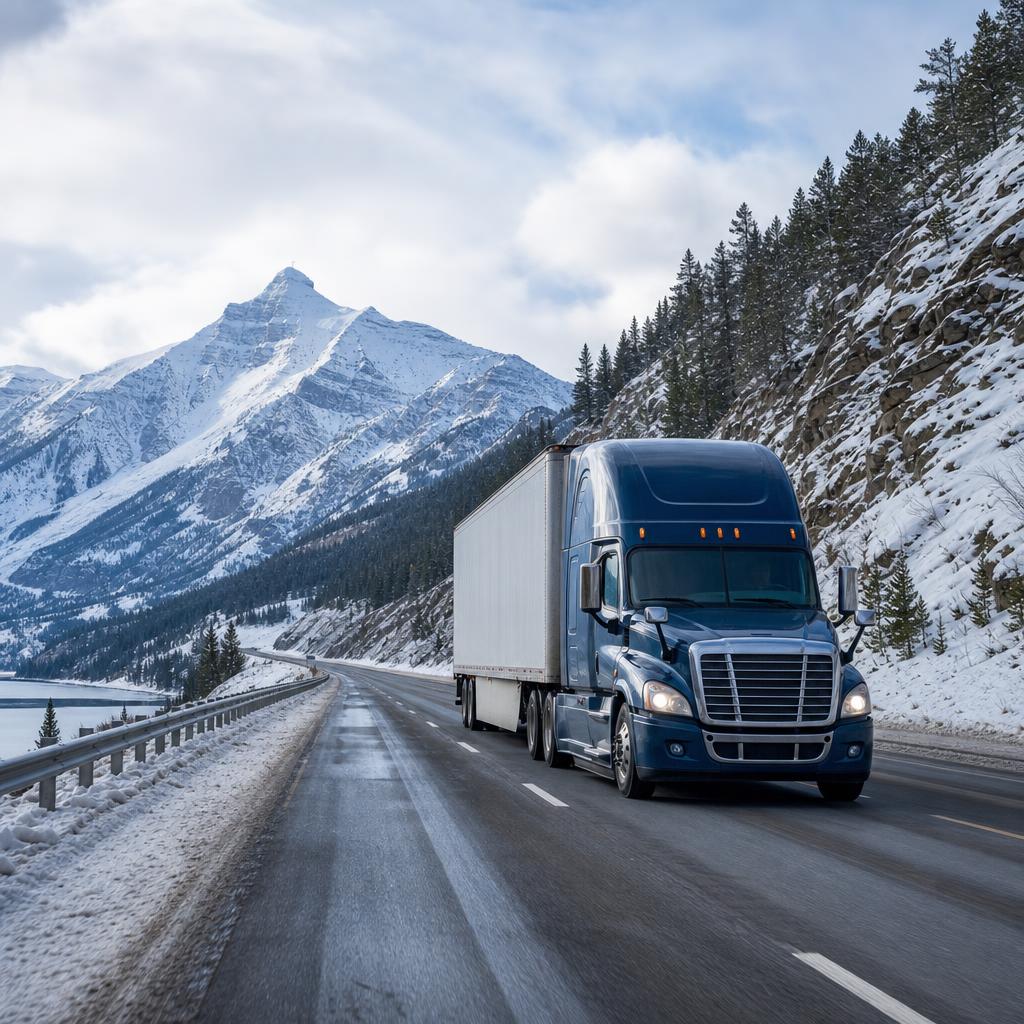 Commercial truck traveling on a mountain freight route