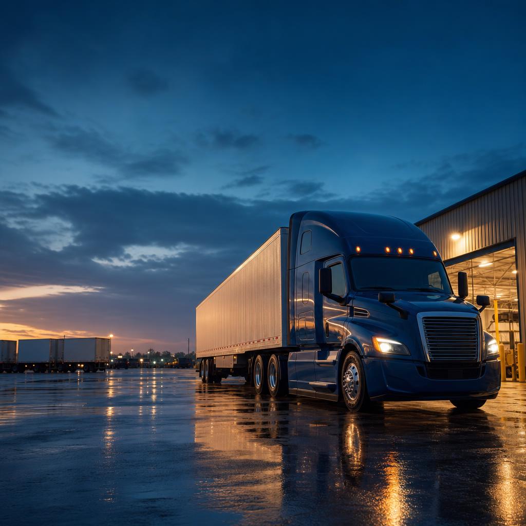 Commercial truck and trailer in a fleet maintenance yard